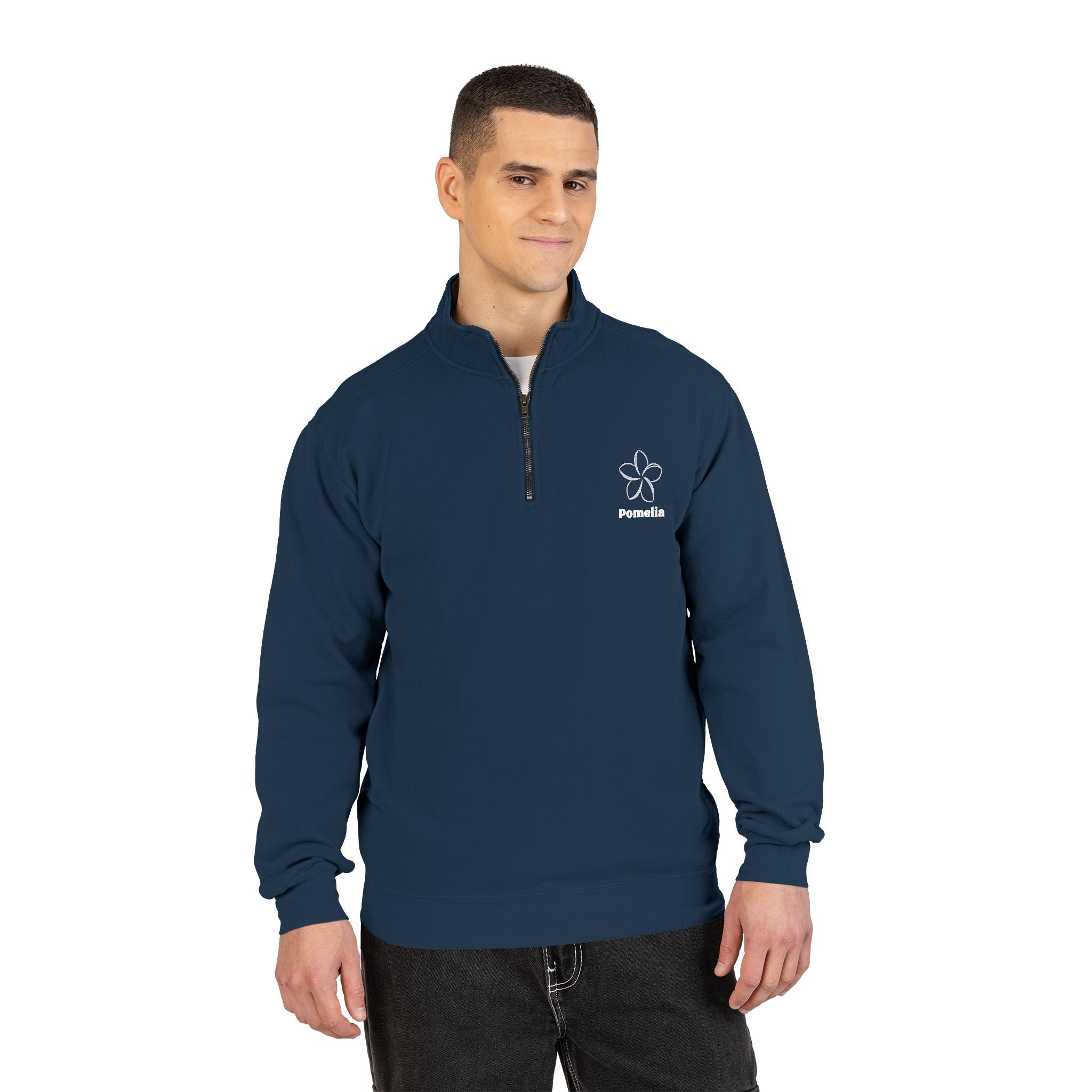 Quarter-Zip Sweatshirt — White Pomelia Logo
