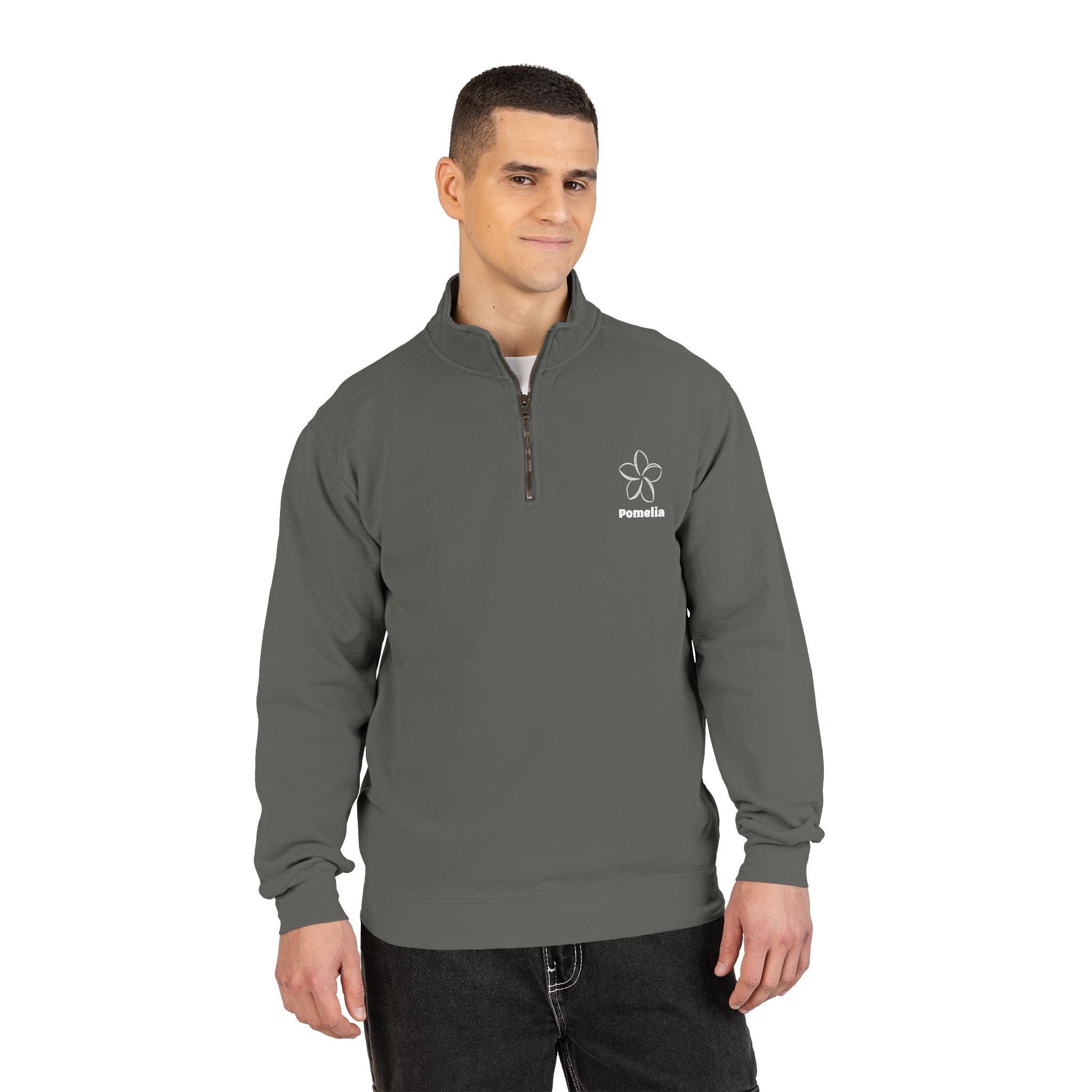 Quarter-Zip Sweatshirt — White Pomelia Logo
