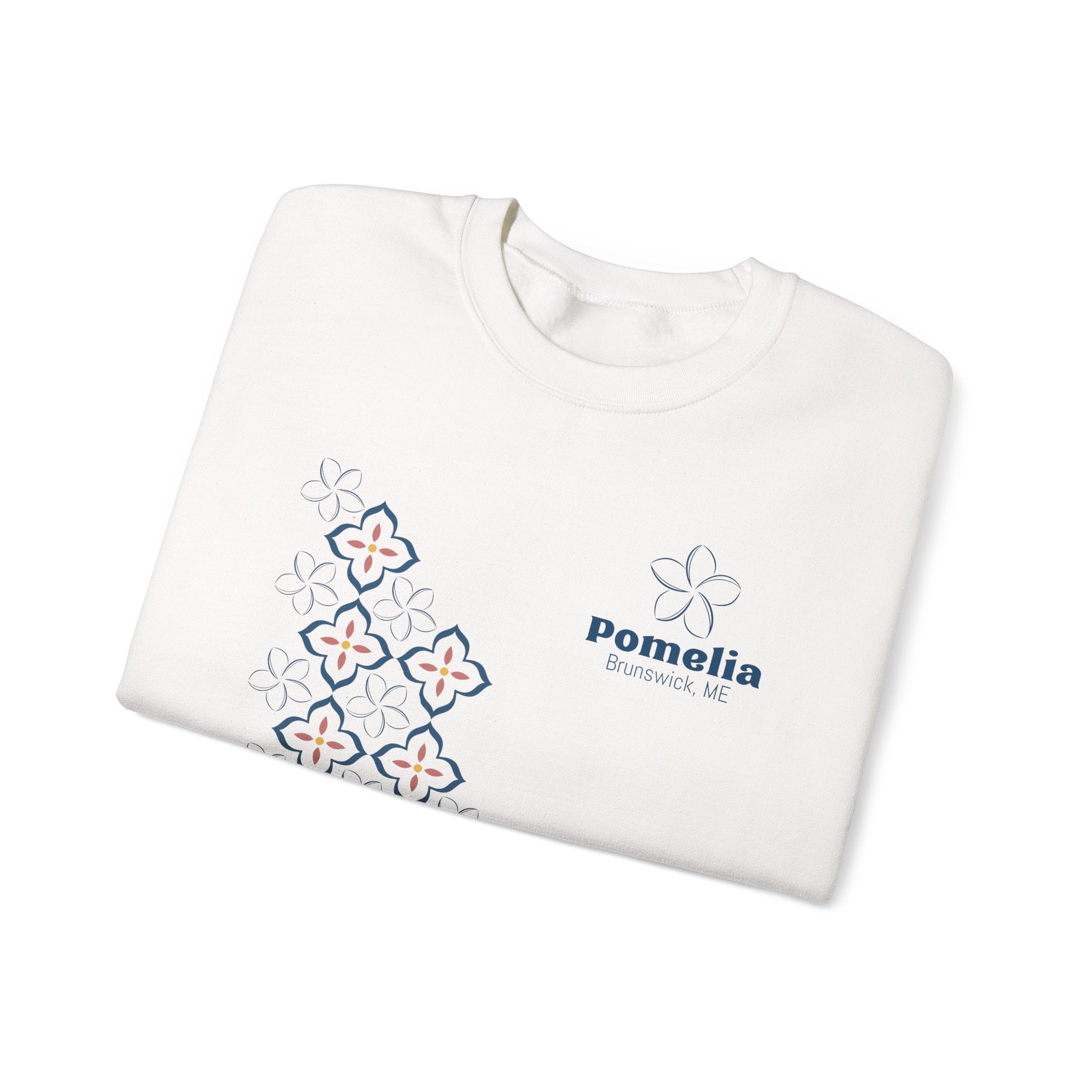 Pomelia White Crewneck Sweatshirt — Minimal Geometric Flower Pattern