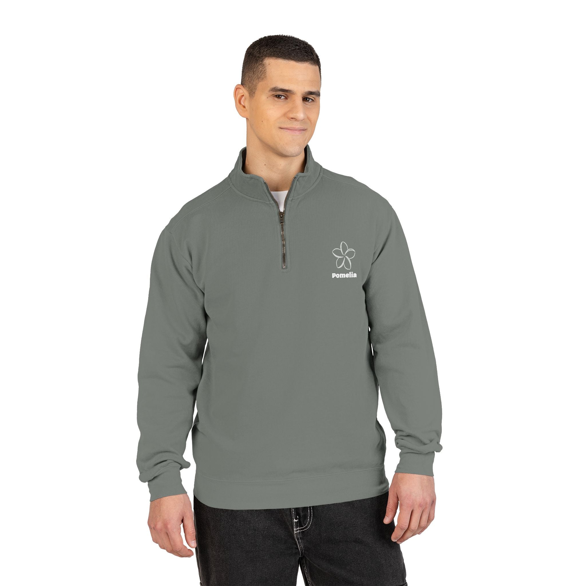 Quarter-Zip Sweatshirt — White Pomelia Logo