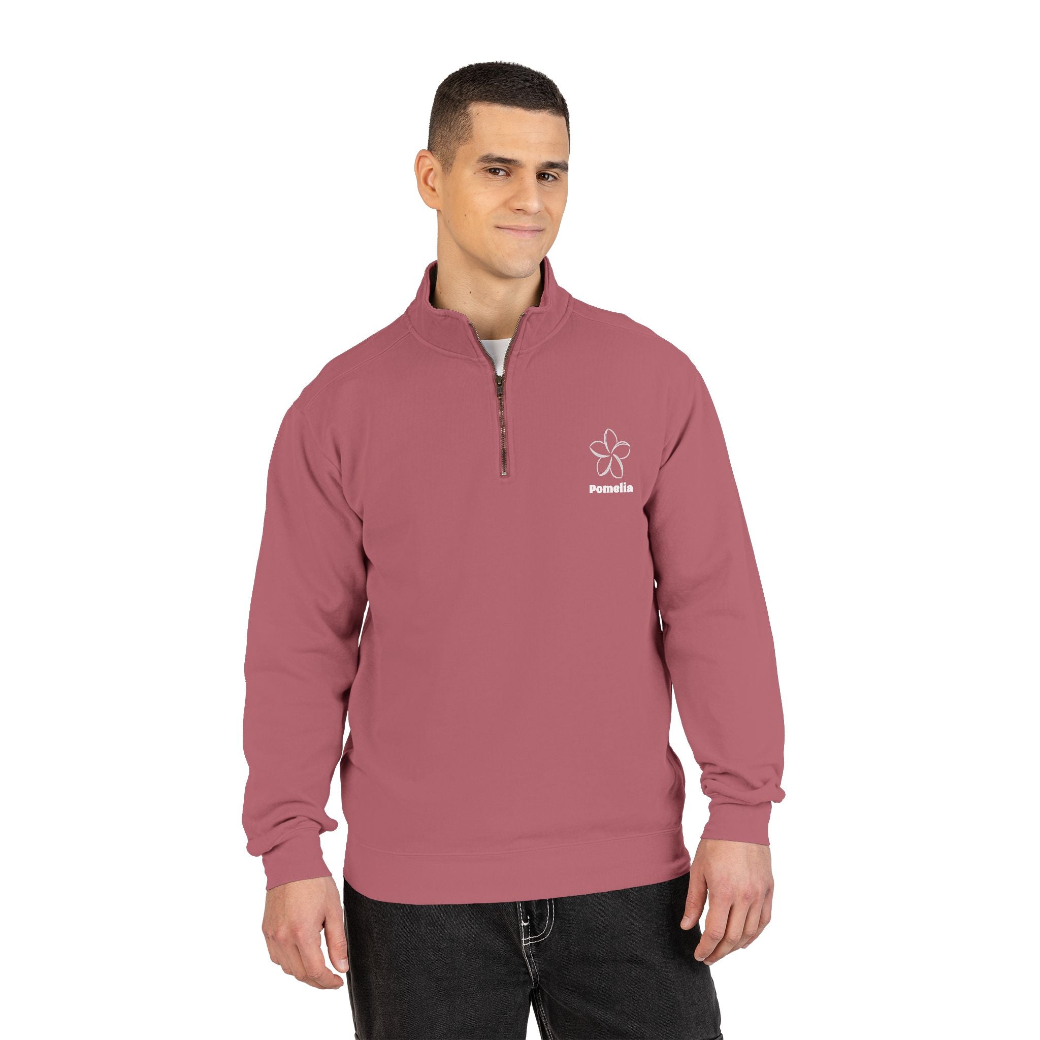 Quarter-Zip Sweatshirt — White Pomelia Logo