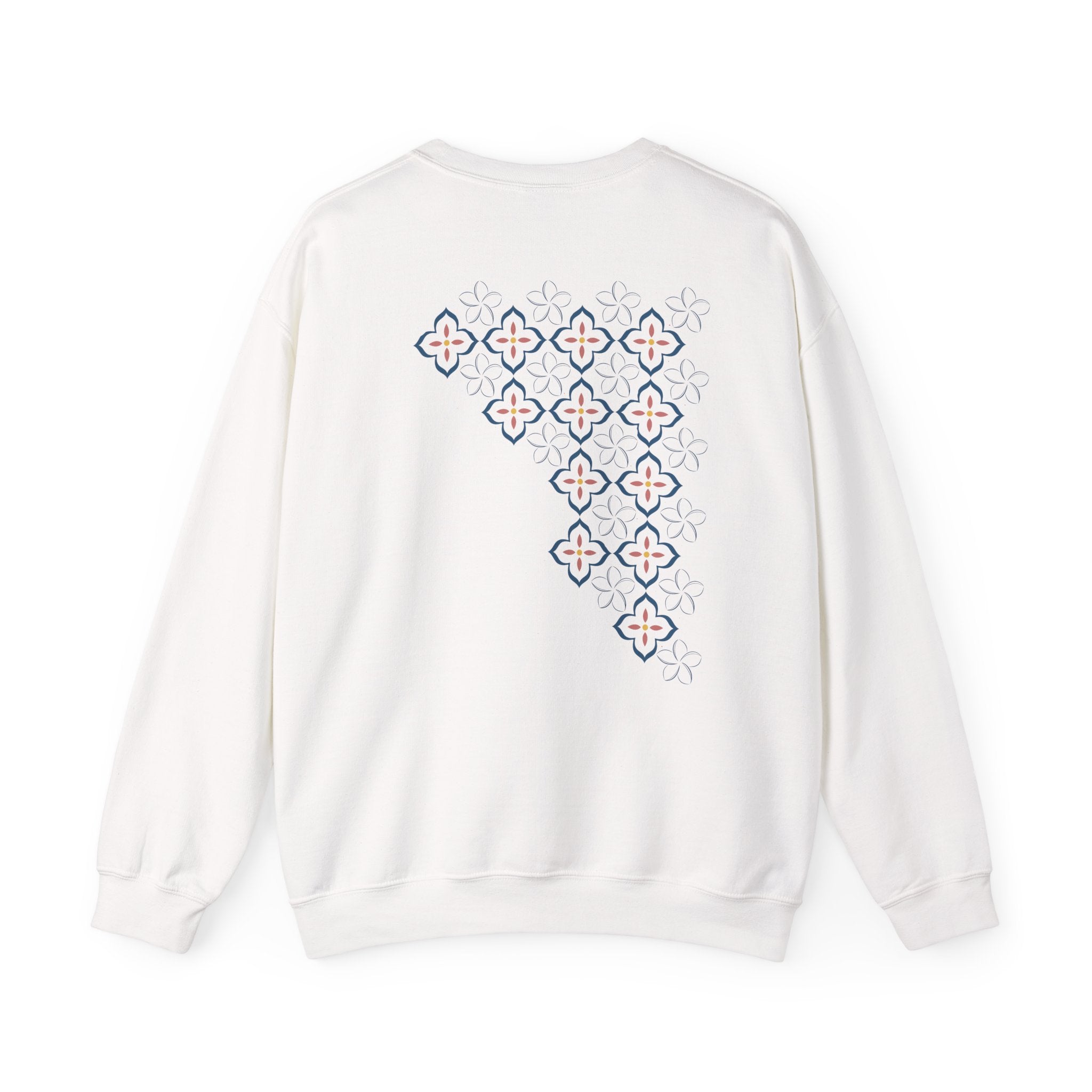 Pomelia White Crewneck Sweatshirt — Minimal Geometric Flower Pattern