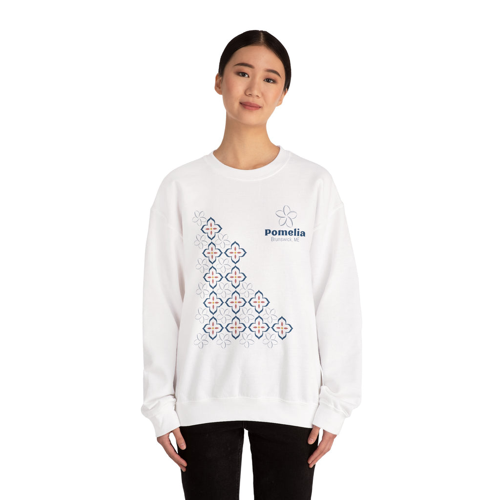 Pomelia White Crewneck Sweatshirt — Minimal Geometric Flower Pattern