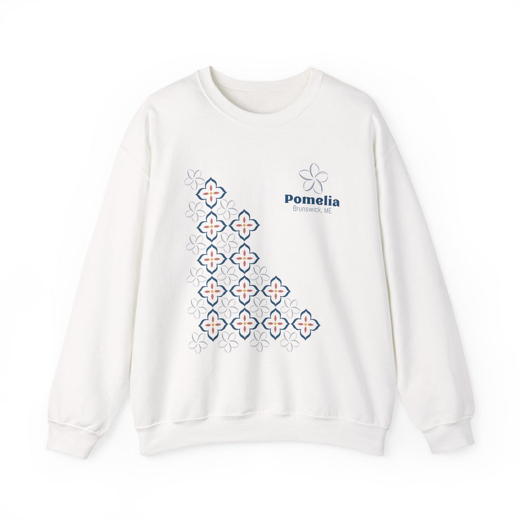 Pomelia White Crewneck Sweatshirt — Minimal Geometric Flower Pattern