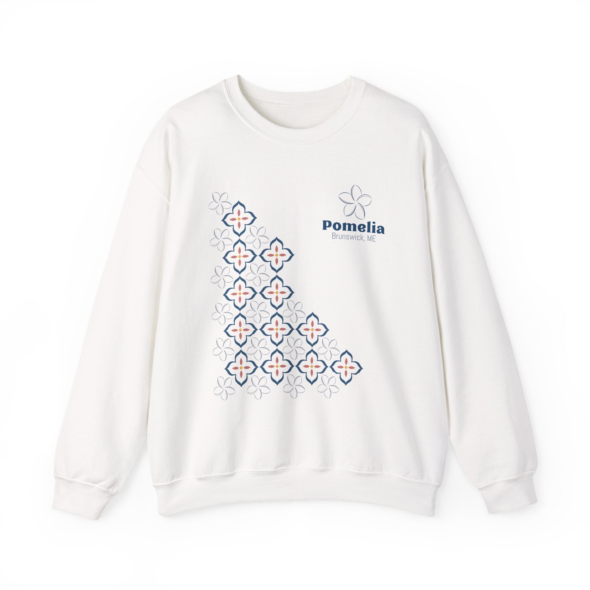 Pomelia White Crewneck Sweatshirt — Minimal Geometric Flower Pattern