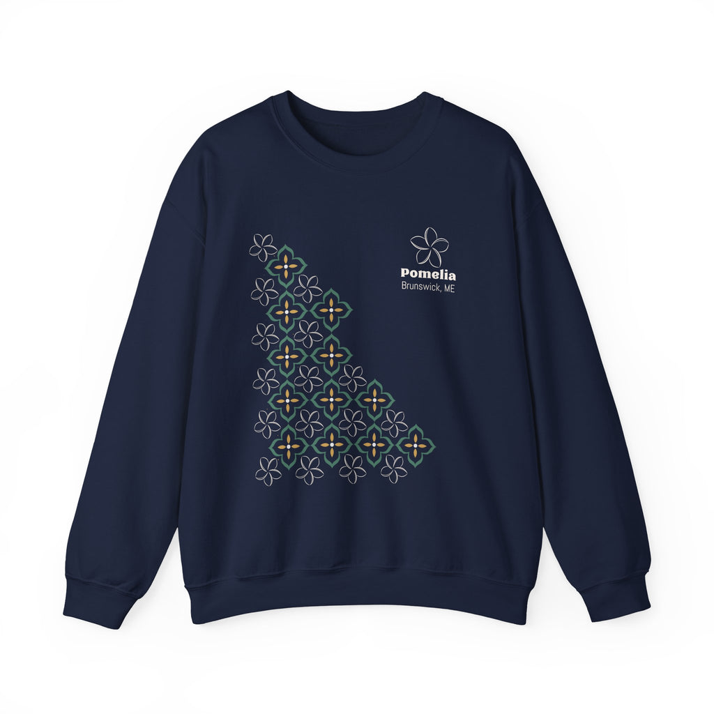 Pomelia Navy Crewneck Sweatshirt — Floral Geometric Pattern
