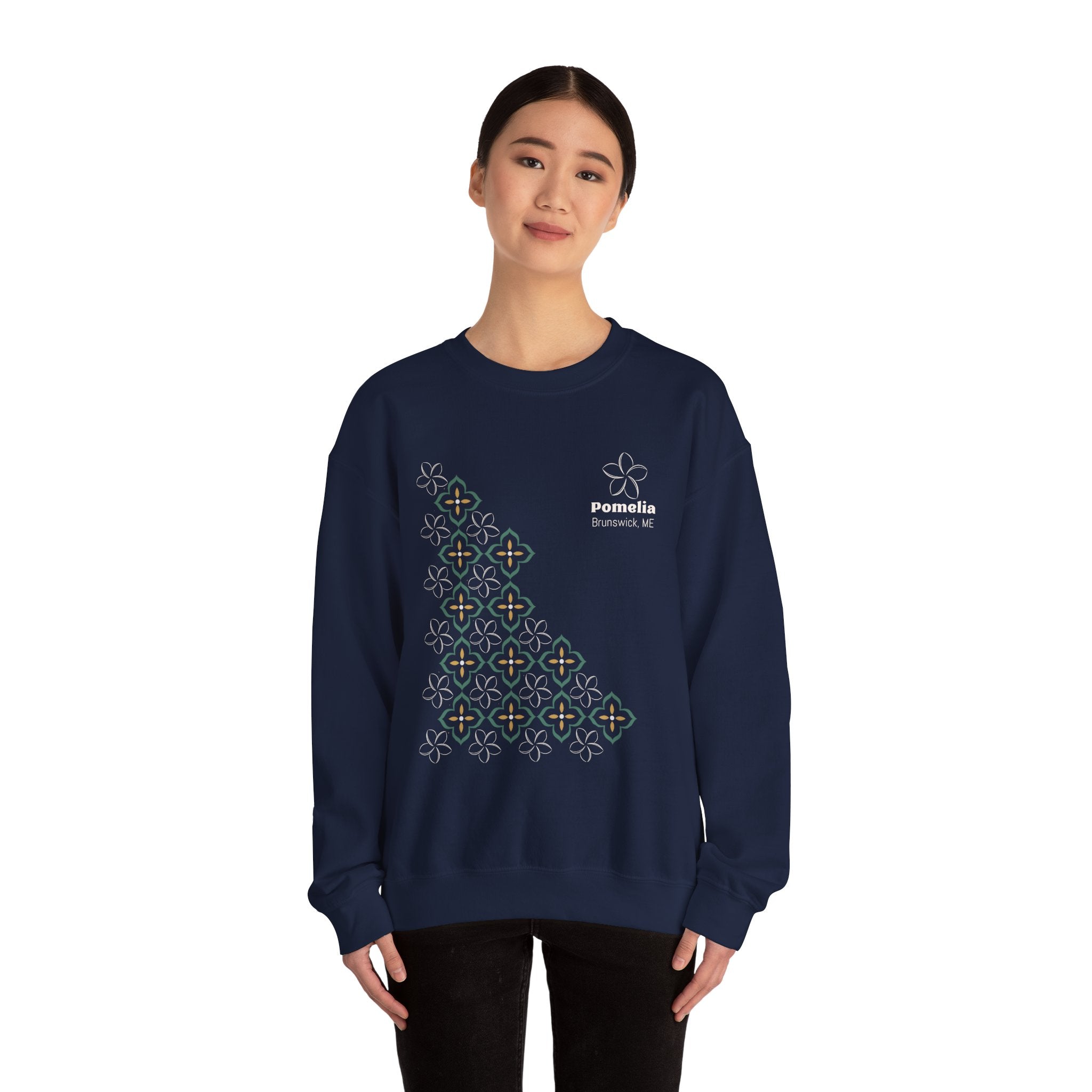 Pomelia Navy Crewneck Sweatshirt — Floral Geometric Pattern